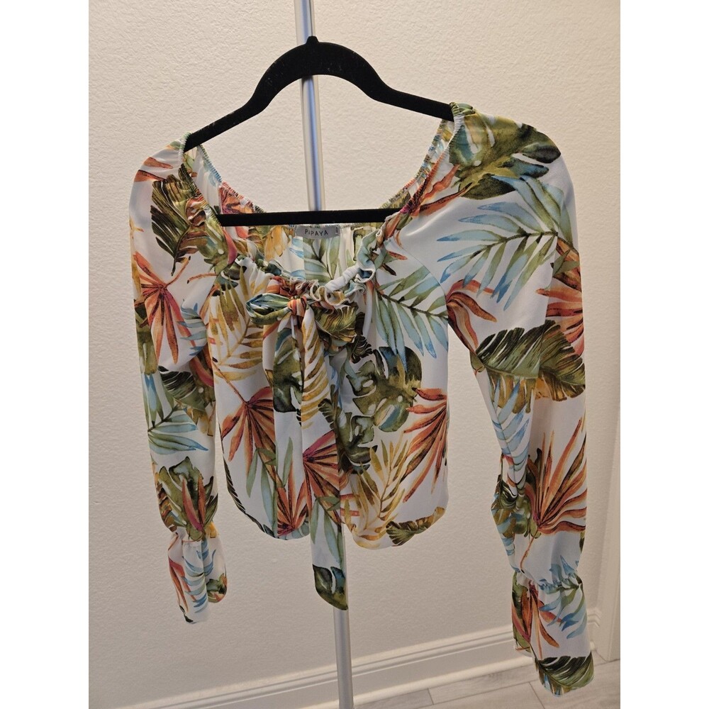 Papaya S Tropical Palm Leaf Blouse Womens Tie Front Cropped Top Beach